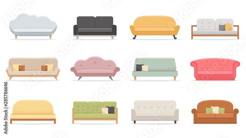 Comfortable sofas. Luxury couch for apartment, comfort sofa models and modern house sofas. Domestic couch furniture, cozy luxury fashion sofas. Flat vector isolated illustration icons set photo