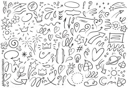 Decorative hand drawn shapes. Outline crown, doodle pointer and heart frame. Doodles lines elements, ink line arrow and flower calligraphy sign sketch. Isolated vector illustration symbols set photo