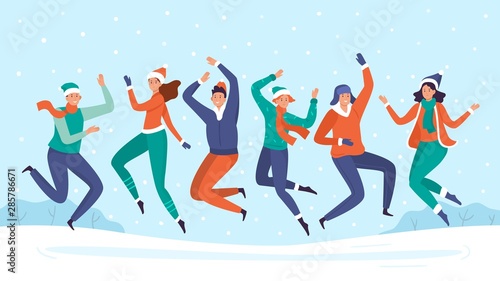 People jump in snow. Group of friends enjoy snowfall, happy winter holidays and snow vacation. Christmas holyday celebrate jump activity, friend Xmas character recreation vector illustration