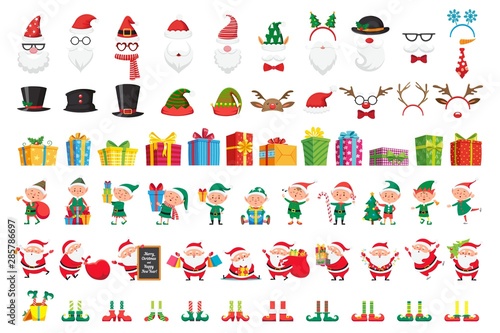Cartoon Christmas collection. Xmas hats and New Year gifts. Santa Claus and elves helpers characters. Santas character mask, gift box, elfs legs and reindeer hat. Isolated vector icons set photo