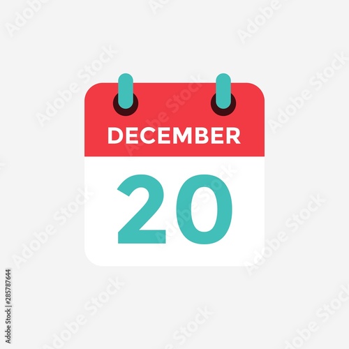 Flat icon calendar 20 December. Date, day and month. Vector illustration.
