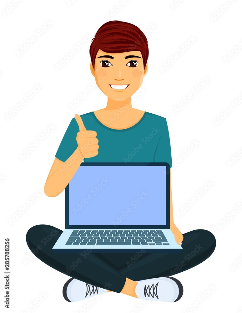 A young man gestures a big thumbs up. The gesture shows that everything is in order. Work, education and entertainment via the Internet. The guy sits with a laptop on his lap. Flat style on white back A young man gestures a big thumbs up. The gesture shows that everything is in order. Work, education and entertainment via the Internet. The guy sits with a laptop on his lap. Flat style on white back