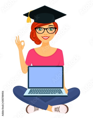 A young girl is educated online. Work, education and entertainment via the Internet. The girl with the red hair. Flat style on white background. Cartoon.