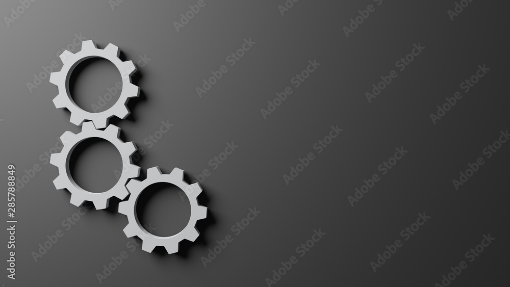 3D computer generated image of three connecting gear on dark gray background, copy space, wallpaper design