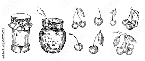 Jar with jam and cherry berries. Hand drawn outline converted to vector