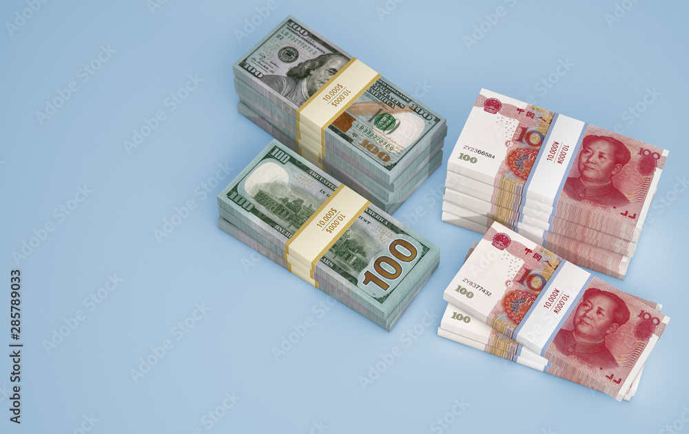 Chinese 100 Yuan bills and 100 Dollar bills. - 3D Rendering Chinese 100 Yuan bills and 100 Dollar bills. - 3D Rendering