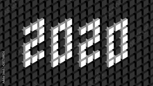 Happy new year 2020. Text in the wall in isometric style. Minimalistic wide template for screensavers, covers, brochures, cards, banners.