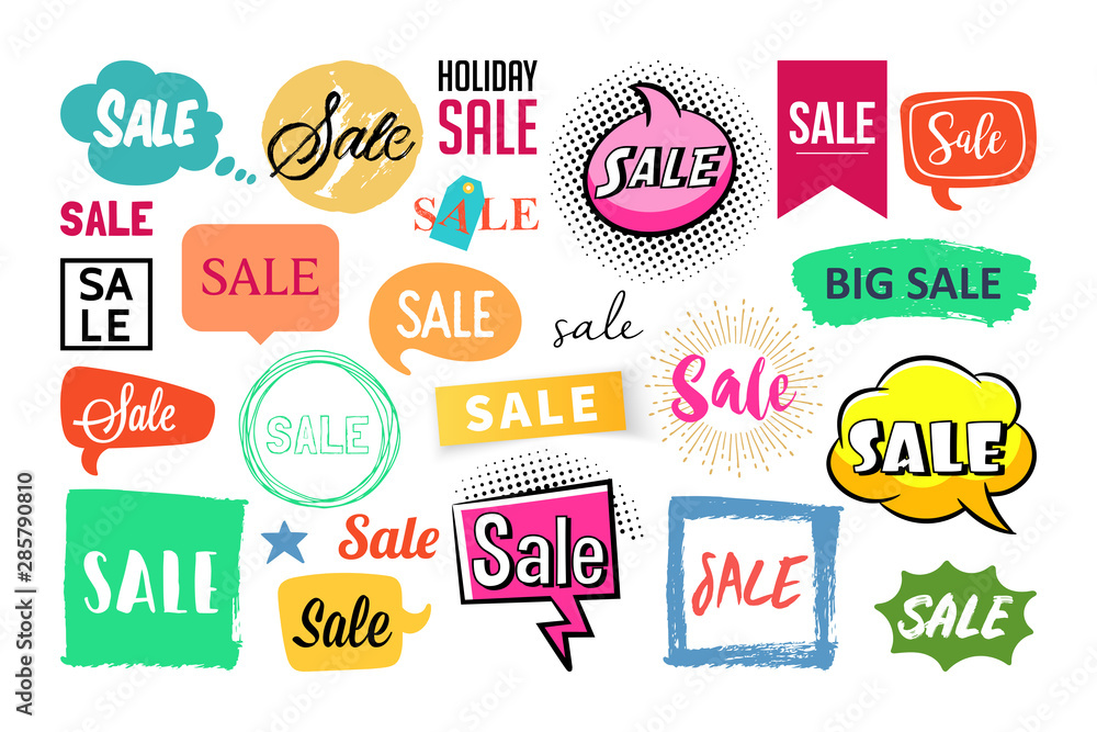 Fototapeta premium Sale stickers and labels set for graphics design, marketing and product promotion. Vector illustration