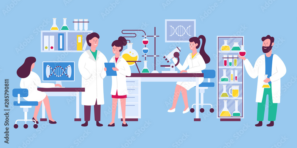 Scientists in science lab working on medical, chemical or biological laboratory reseach and test. Doctors and students characters design. Vector illustration