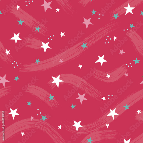 Shooting stars Christmas seamless pattern in red, pink, aqua and white. Great for winter holidays, gift wrapping paper, textiles, decorating and decor. Retro feel with a modern look. Vector.