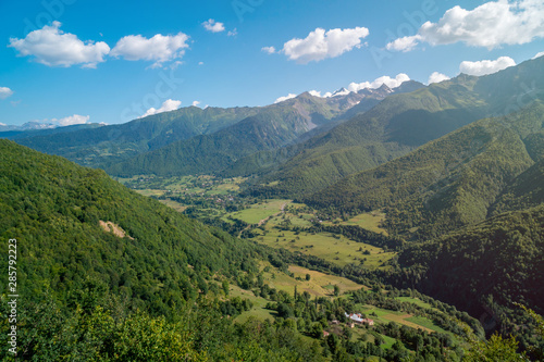 Beautiful view of small village and high mountains in upper Svaneti, Georgia.