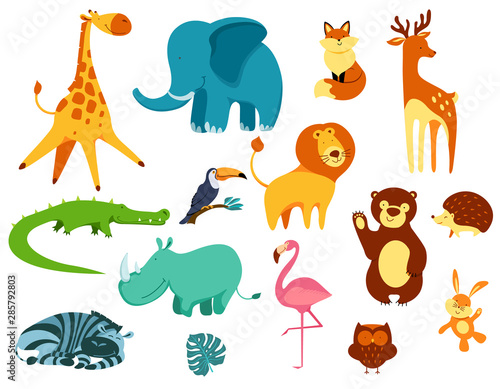 Big set of animals. Tropical, prairie, savanna and taiga beasts. Funny cartoon characters for any kind of purpose. Flat vector illustration.