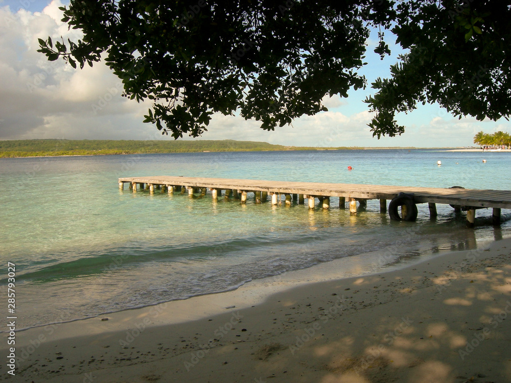 Paradisiacal beach with wooden dock and blue sea in the Venezuelan Caribbean