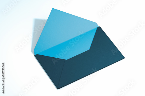 Blue opened blank envelope light blue inside isolated on white background. 3d rendering.