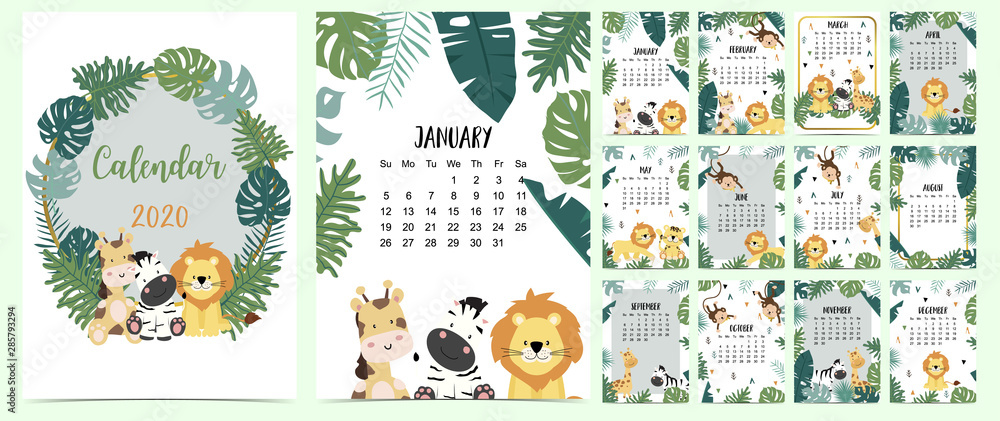 Doodle animal calendar set 2020 with gold geometric,safari,animal,leaves for children.Can be used for printable graphic.Editable element