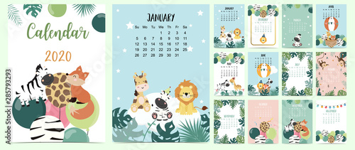 Doodle animal calendar set 2020 with gold geometric,safari,animal,leaves for children.Can be used for printable graphic.Editable element