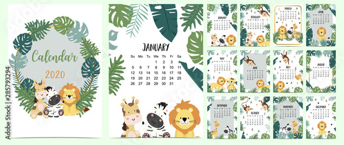 Doodle animal calendar set 2020 with gold geometric,safari,animal,leaves for children.Can be used for printable graphic.Editable element