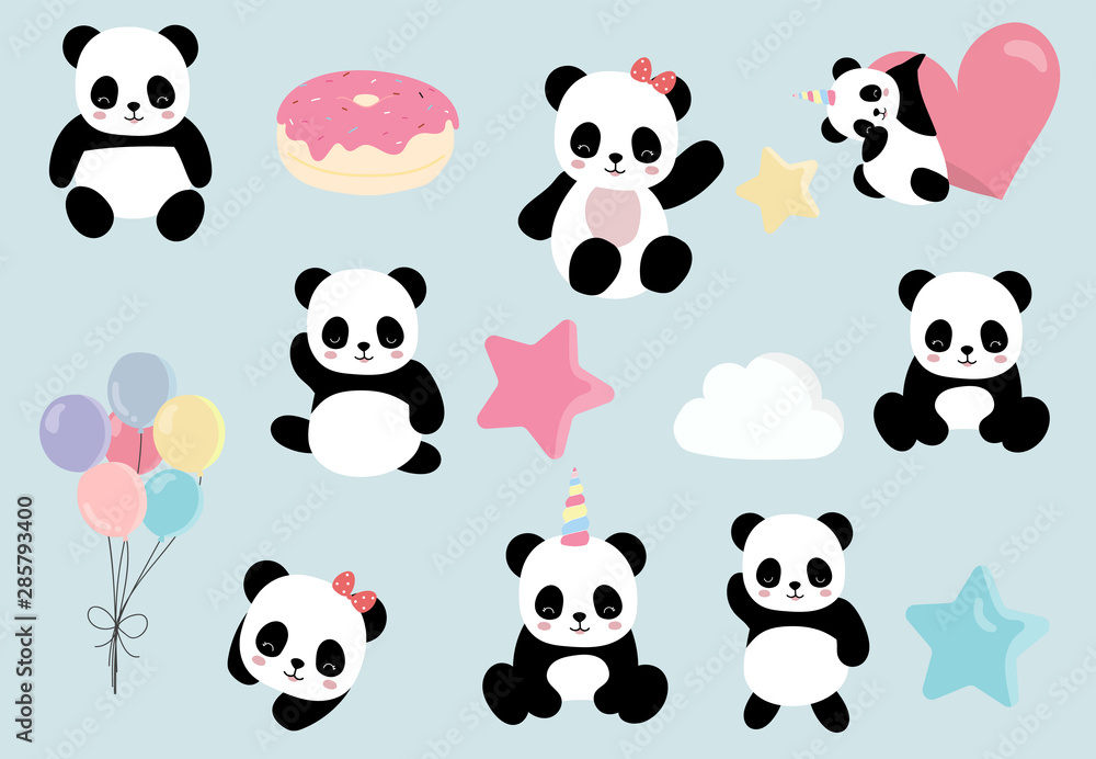 Pastel animal set with panda,pandacorn,rainbow,balloon,heart illustration for sticker,postcard,birthday invitation.Editable element