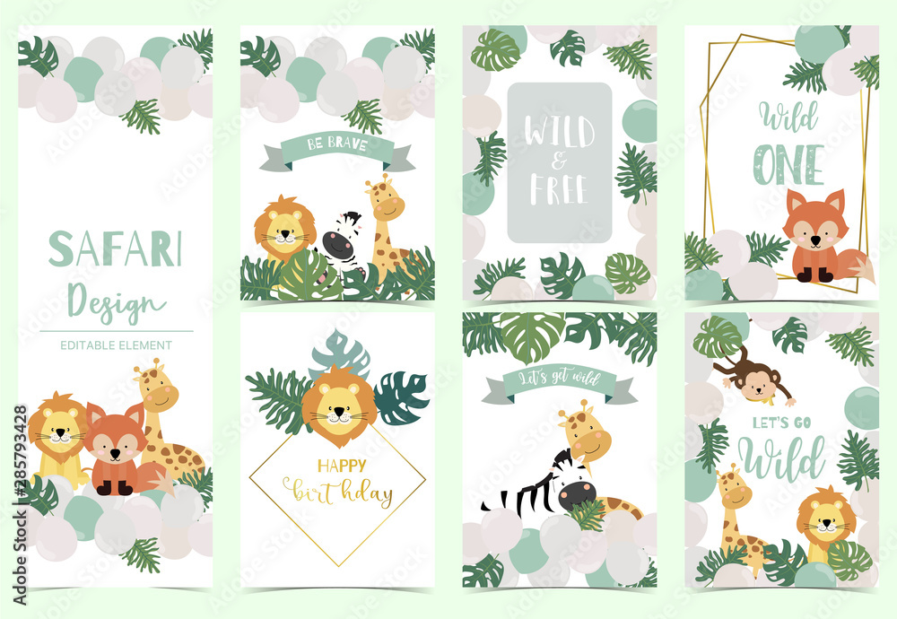 Obraz premium Green,gold animal collection of safari background set with lion,fox,giraffe,zebra,geometric vector illustration for birthday invitation,postcard,logo and sticker.Wording include wild one,wild and free