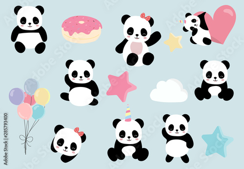Fototapeta Naklejka Na Ścianę i Meble -  Pastel animal set with panda,pandacorn,rainbow,balloon,heart illustration for sticker,postcard,birthday invitation.Editable element