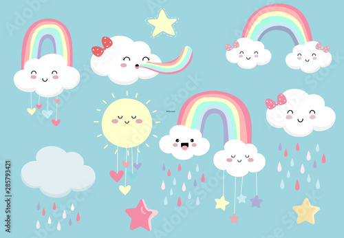 Pastel rainbow set with cloud,sun,star,heart illustration for sticker,postcard,birthday invitation.Editable element