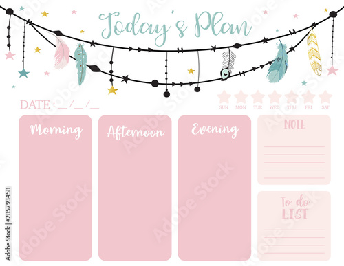 cute today plan background with feather,boho.Vector illustration for kid and baby.Editable element