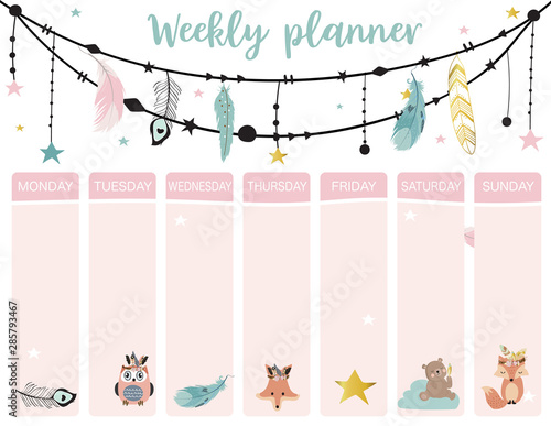 cute weekly planner background with boho,fox,bear,feather.Vector illustration for kid and baby.Editable element