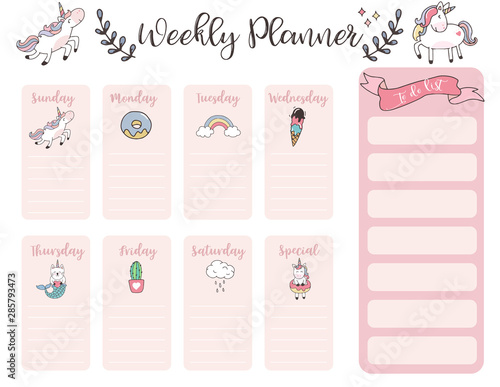 cute weekly planner background with unicorn,rainbow,ice cream,cloud.Vector illustration for kid and baby.Editable element