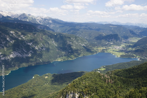 View from above of Lake Bohinj and surrounding mountains  from sky lift and Mount Vogel