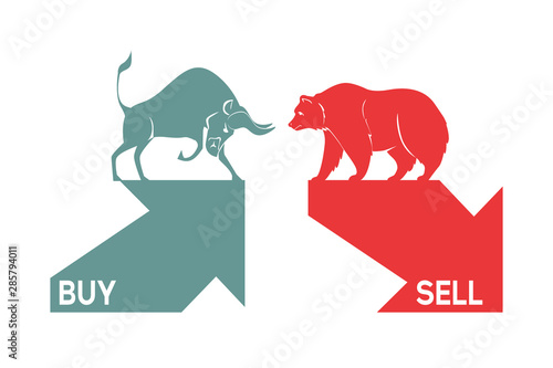 Bull and bear symbols with green and red arrows, stock market and business concept. The symbol stock market of the bull and bear. Vector.