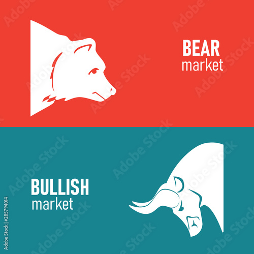 Bullish and Bearish symbols on stock market vector illustration. The symbol of the bear and the bull. The growing and falling market. Vector.