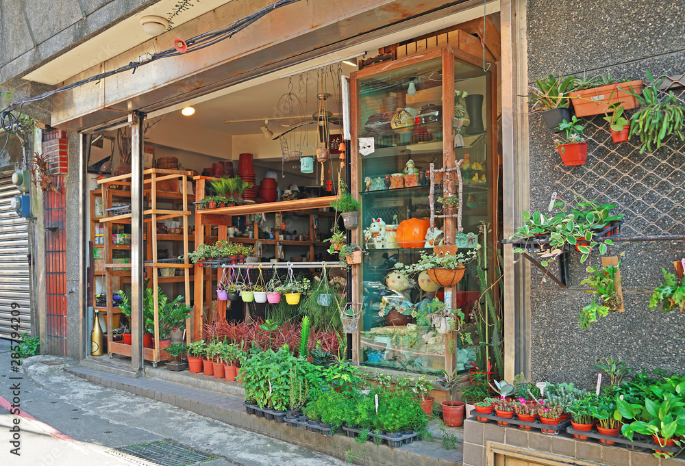 New Taipei City , Taiwan - July 28 , 2019 : Flower and plantation shop in Jiufen.