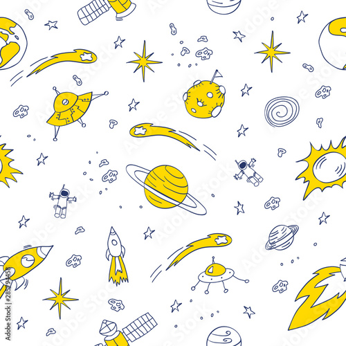 Doodle space seamless pattern. Dark blue drawings with yellow details isolated on white background. Cute vector illustration for baby boy fabric and other children's products.