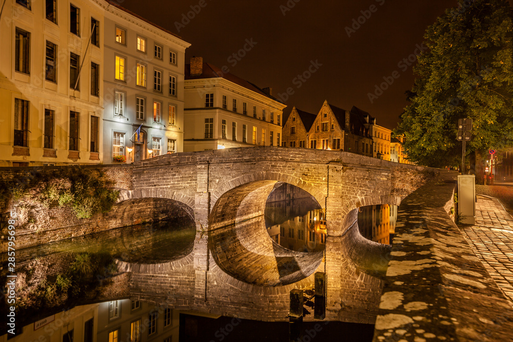 Nocturnal view of a canal in Bruges.