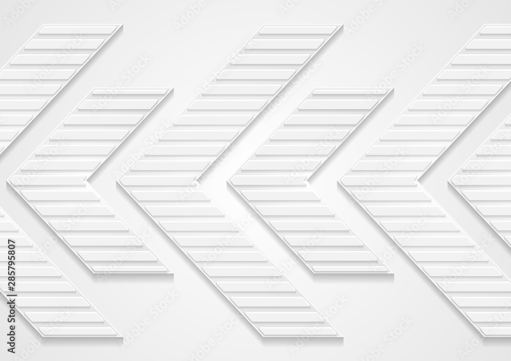 Grey and white tech paper arrows abstract background. Striped texture design. Vector geometric illustration