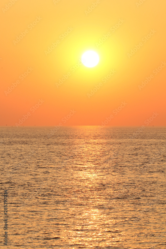 beautiful sunset at the westerschelde at a hot summer evening in holland with a deep orange sky