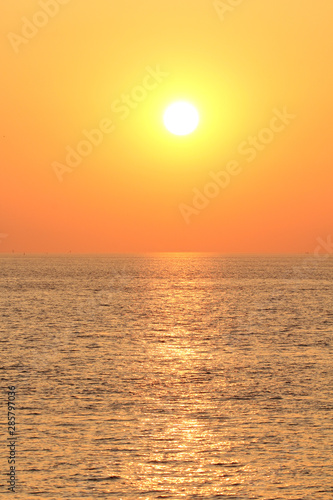 beautiful sunset at the westerschelde at a hot summer evening in holland with a deep orange sky