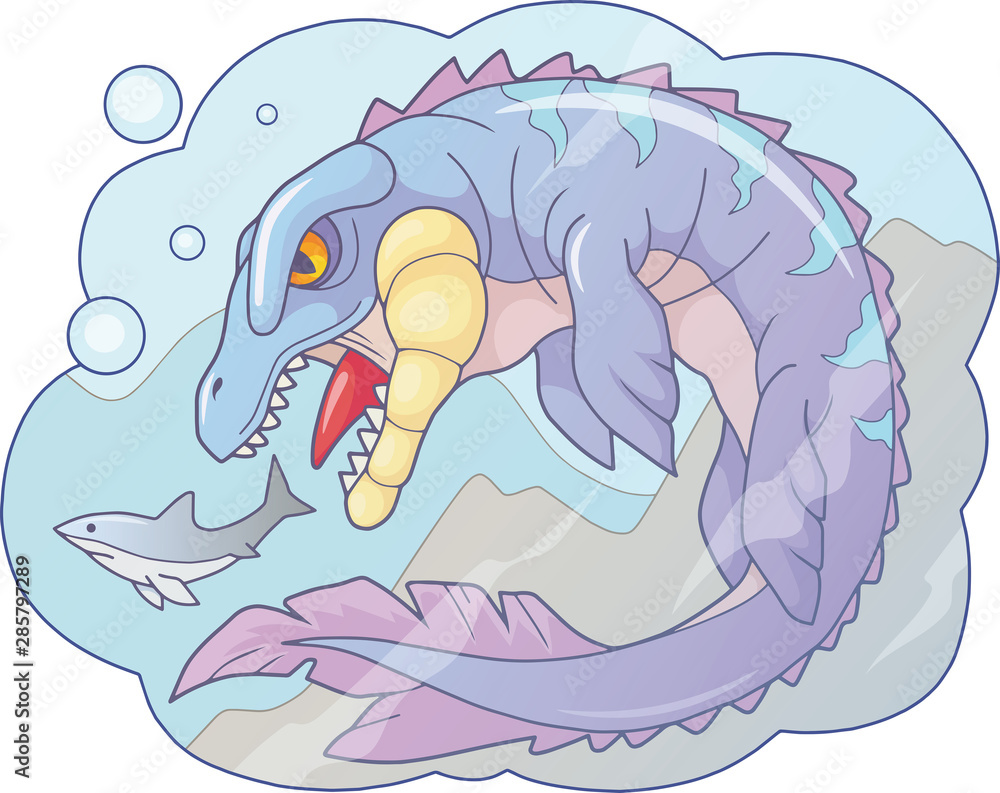 Cartoon prehistoric water dinosaur mosasaur, funny illustration Stock