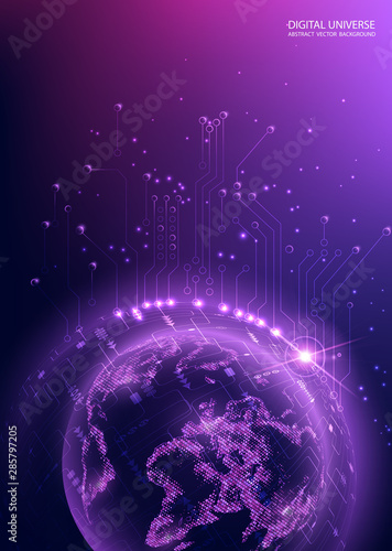 Map of the planet. World map. Violet and blue futuristic background with planet Earth. Global social network. Future. Vector. Internet and technology. Floating blue plexus geometric background.