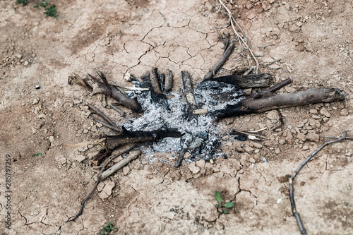 The ashes of a burned bonfire on cracked ground