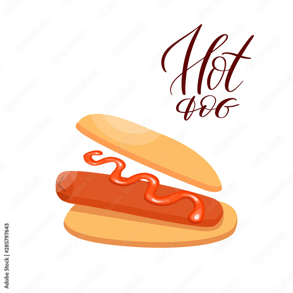 Hotdog. Vector isolated flat illustration fast food for poster, menus, brochure, web and icon fast food. Vector. Hotdog. Vector isolated flat illustration fast food for poster, menus, brochure, web and icon fast food. Vector.