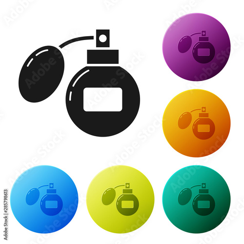 Black Aftershave icon isolated on white background. Cologne spray icon. Male perfume bottle. Set icons colorful circle buttons. Vector Illustration