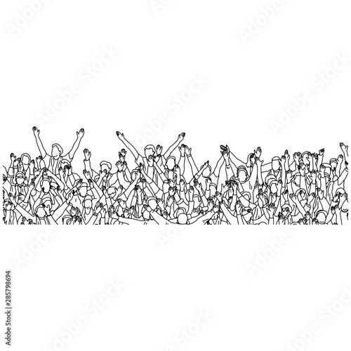 crowd of people cheering their favorite sport team on stadium vector illustration sketch doodle hand drawn with black lines isolated on white background.