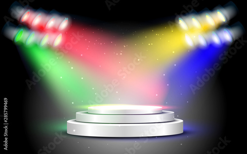 silver podium with colorful spotlight on the stage