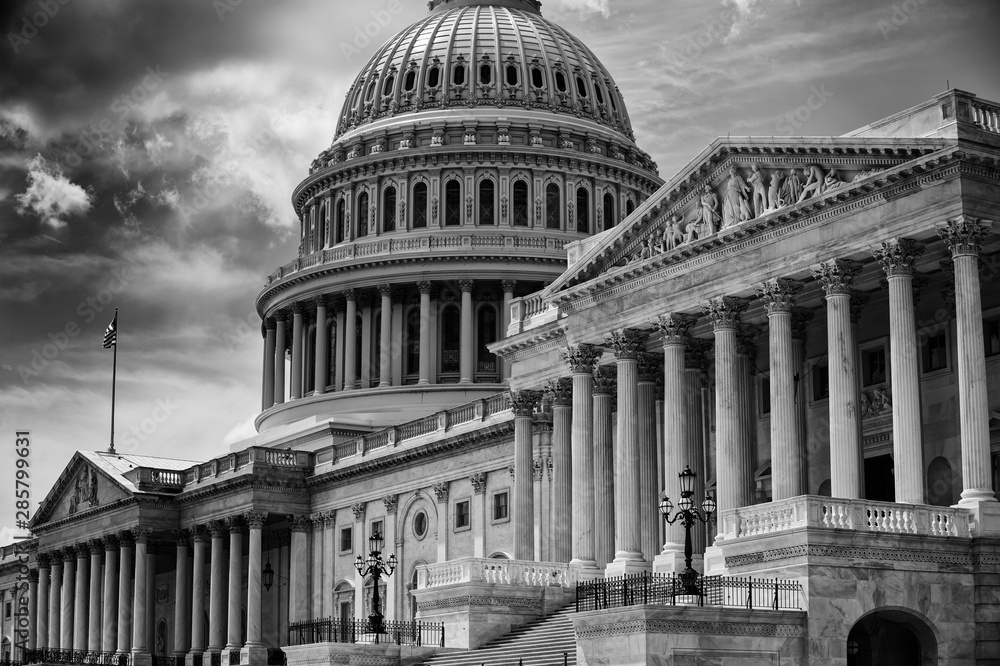 Empty black and white exterior view of the US Capitol Building in Washington DC, USA