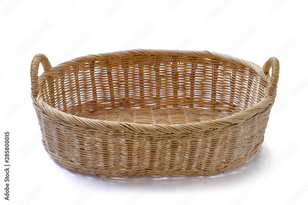 Blank wicker basket gift to putting bakery fruits vegetables products or other stuffs isolated on white background. This has clipping path