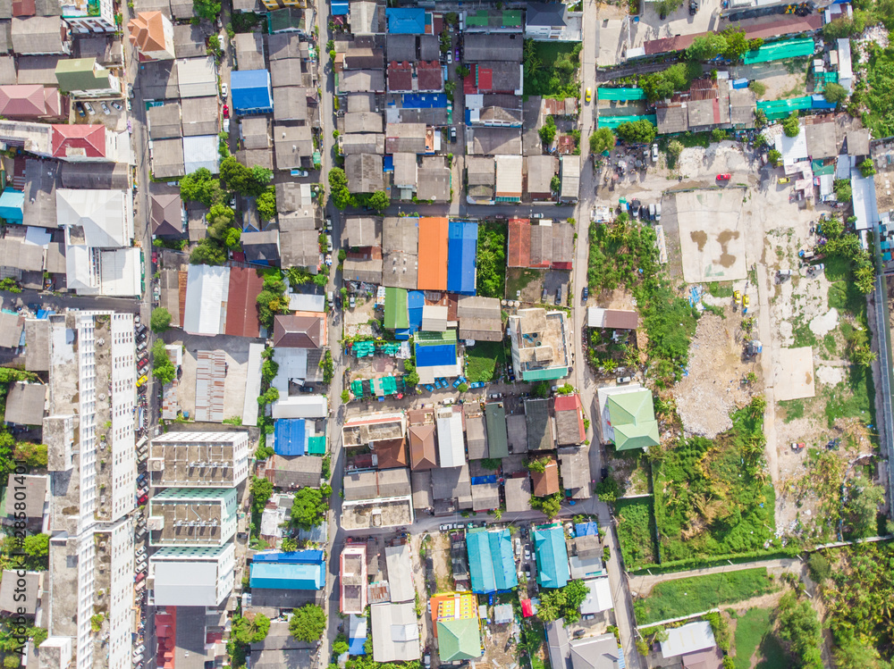 Fototapeta premium Aerial view modern city building and townhouse capital of Bangkok