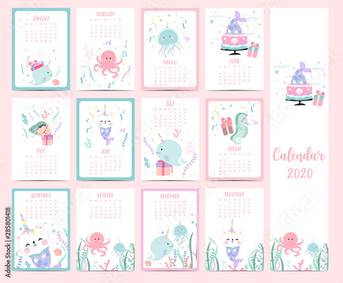 Doodle pastel animal calendar set 2020 with mermaid,caticorn,narwhale for children.Can be used for printable graphic.Editable element