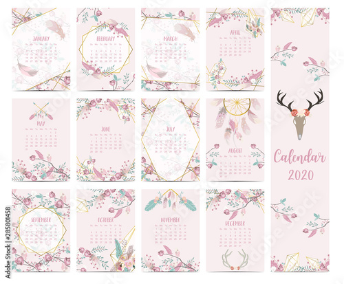 Doodle pastel boho calendar set 2020 with feather,gold geometric,wild,flower,leaves for children.Can be used for printable graphic.Editable element