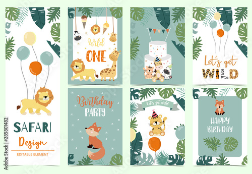 Green animal collection of safari background set with lion,fox,giraffe,zebra,balloon vector illustration for birthday invitation,postcard,logo and sticker.Wording include wild one,wild and free